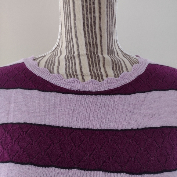 Purple Striped Short Sleeve Pullover Scalloped Hem Knit Sweater Fits M-L - Picture 6 of 12